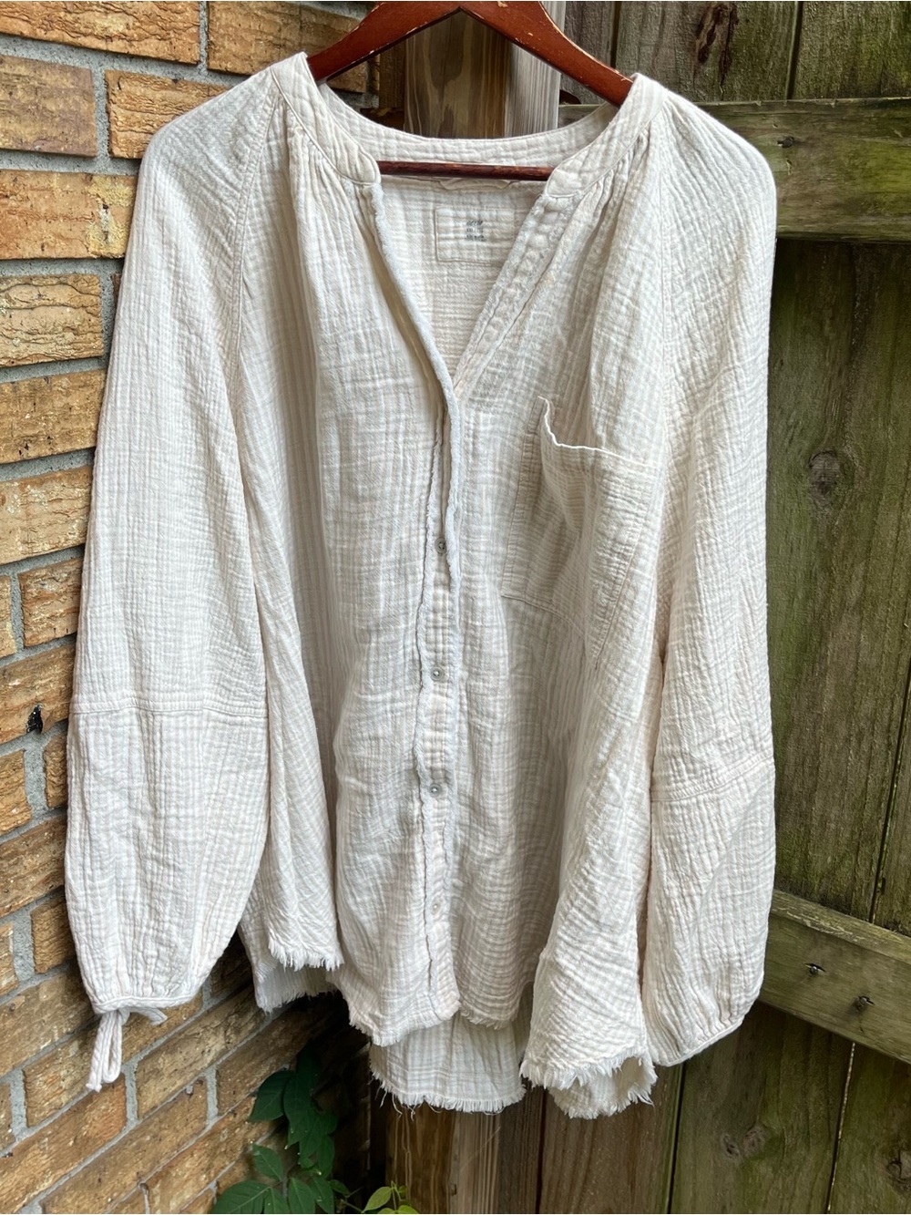 Aerie Oversized Cream Striped Textured Gauze Button-Down Shirt